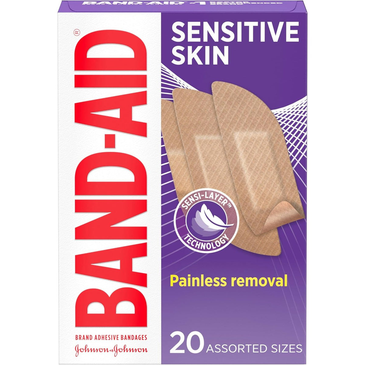 BAND-AID Brand Adhesive Bandages for Sensitive Skin, Assorted Sizes, 20 Ct
