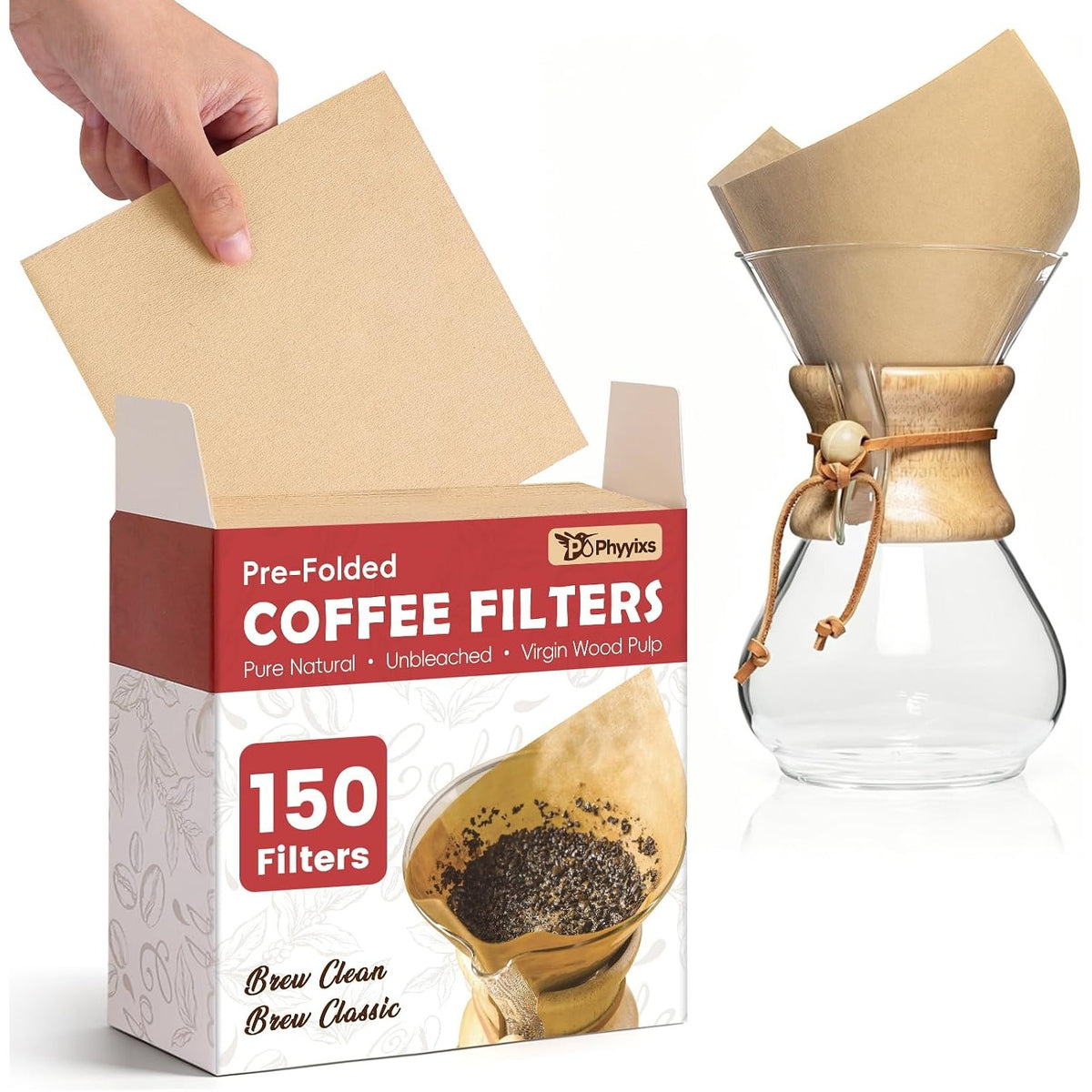 Phyyixs Pre-Folded Unbleached Cone Coffee Filters for Chemex 5-13 Cup Pour-Over Coffee Makers 150 Pack