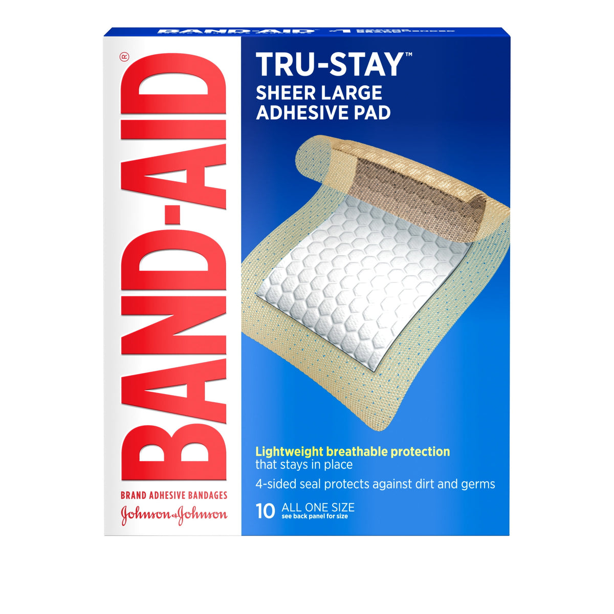 BAND-AID Brand Tru-Stay Sheer Adhesive Pads, Large, 10 Count