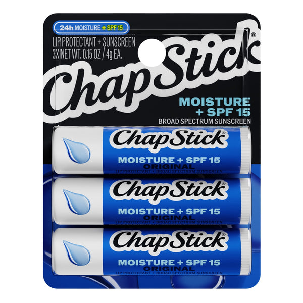 ChapStick Moisture + SPF 15 Lip Protectant with Broad Spectrum Sunscreen, Relieves Dryness, 24 Hour Moisture, Hydrating Lip Balm, 3-Pack, 0.15 oz Each