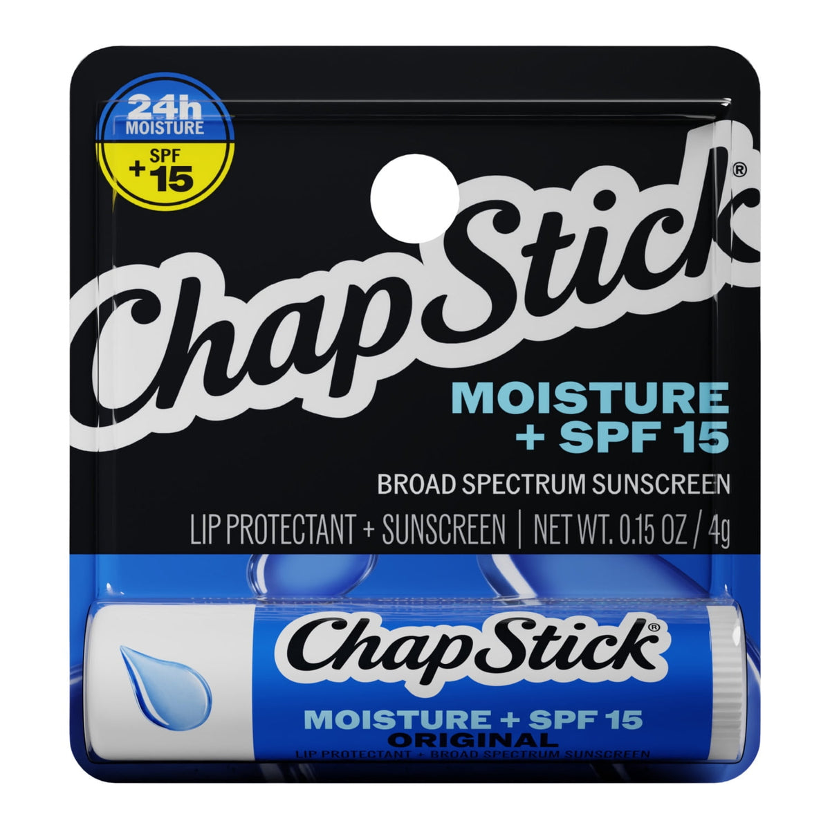ChapStick Moisture + SPF 15 Lip Protectant with Broad Spectrum Sunscreen, Relieves Dryness, 24 Hour Moisture, Hydrating Lip Balm, 0.15 oz
