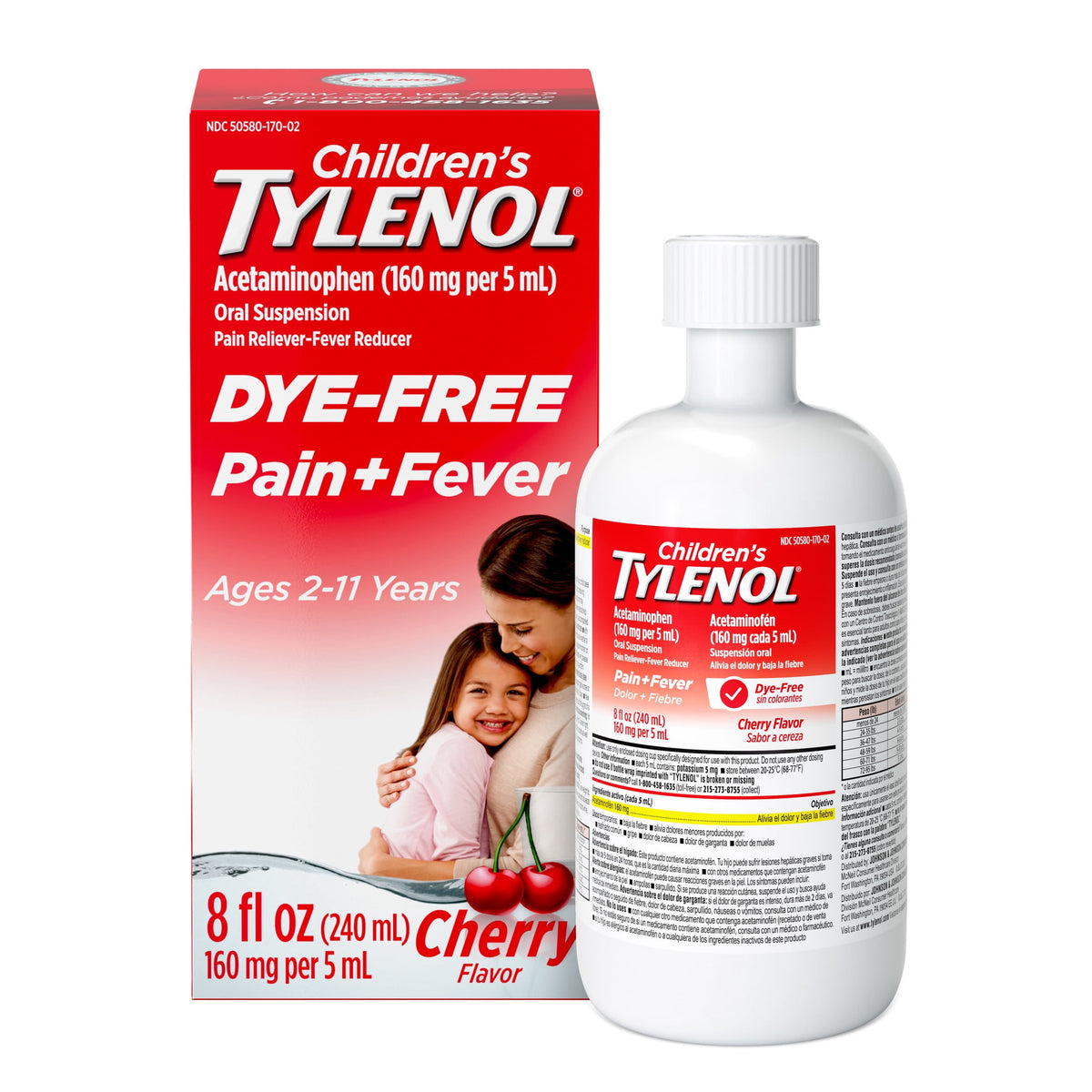 Children’s Tylenol Dye-Free, Oral Suspension, Pain Relief and Fever Reducer, Cherry Flavor 8 Fl oz