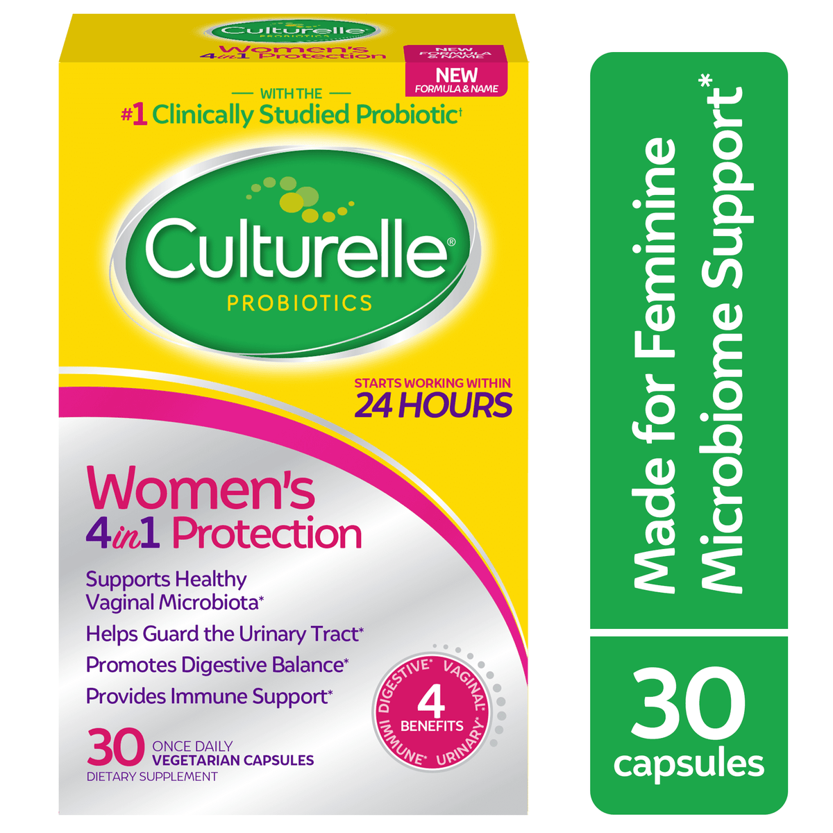 Culturelle Probiotics Women's 4-in-1 Protection Daily Supplement, Made with Prebiotics to Support Vaginal, Digestive, Urinary & Immune Health