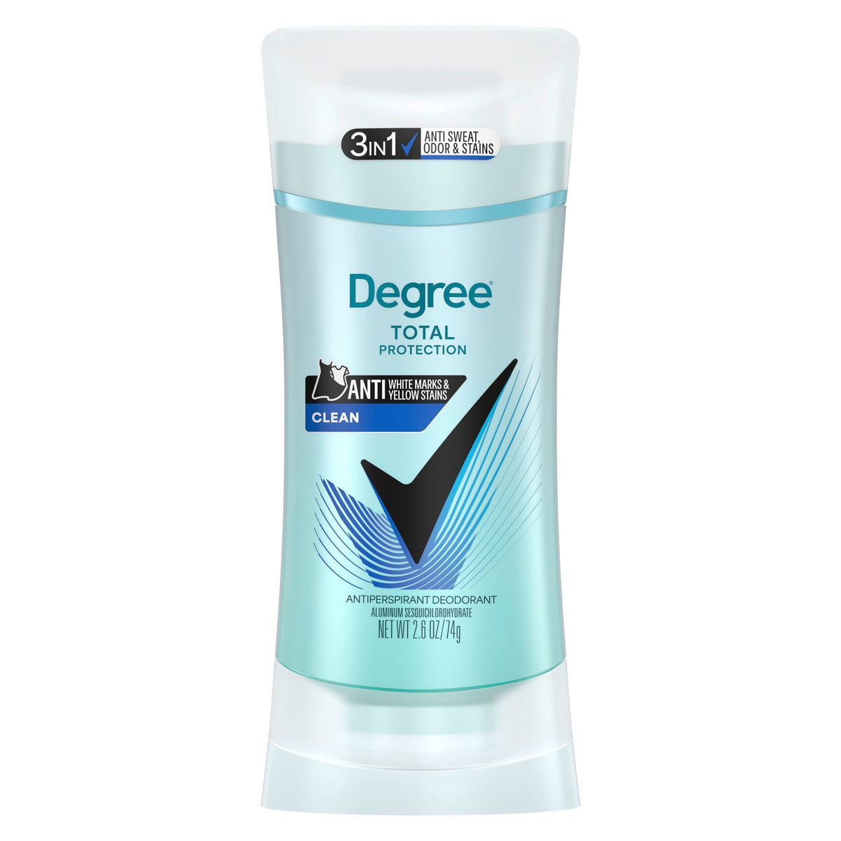 Degree 3in1 Total Protection Antiperspirant for Women Clean Anti Sweat, Odor and Stains 72-Hour Sweat and Odor Protection, 2.6 oz