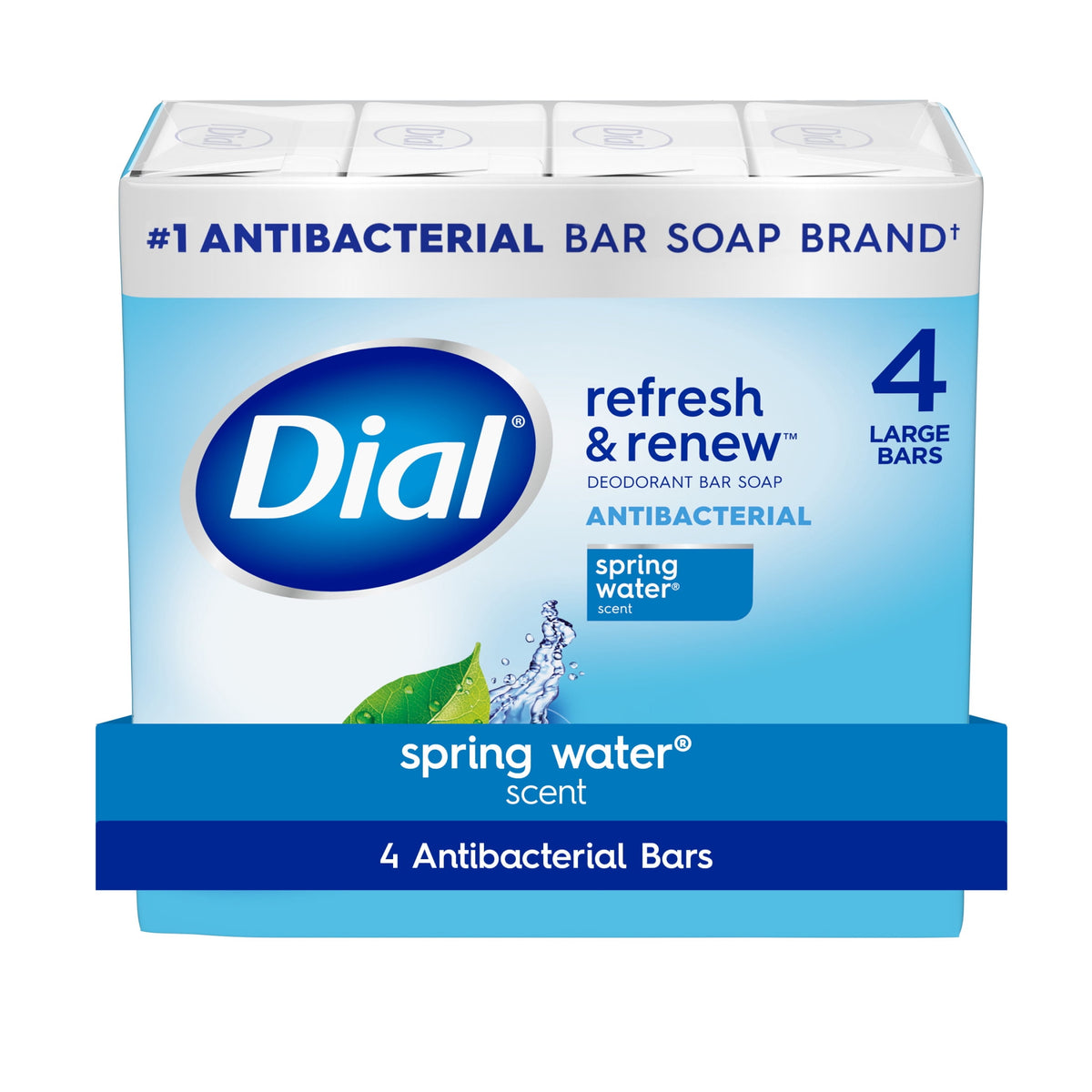 Dial Antibacterial Bar Soap, Refresh & Renew Spring Water Deodorant Bar, 4 oz (4 Bars)