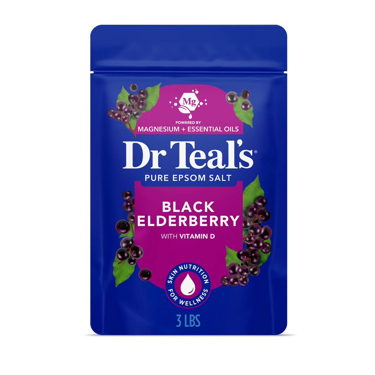Dr Teal's Epsom Salt Magnesium Soak, Black Elderberry with Vitamin D, 3 lbs