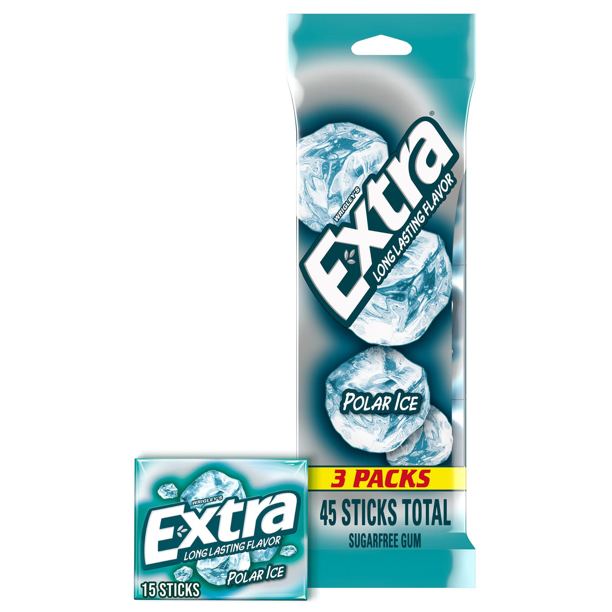 EXTRA Polar Ice Sugar Free Chewing Gum, Cool Mint Flavor, 15 Pieces per Pack, 3 Pack