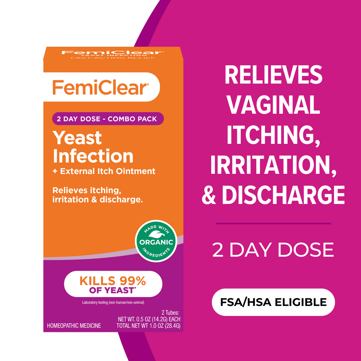 FemiClear Natural & Organic 2-Day Yeast Infection Ointment with External Itch Relief, 2 Tubes, 2 Applicators