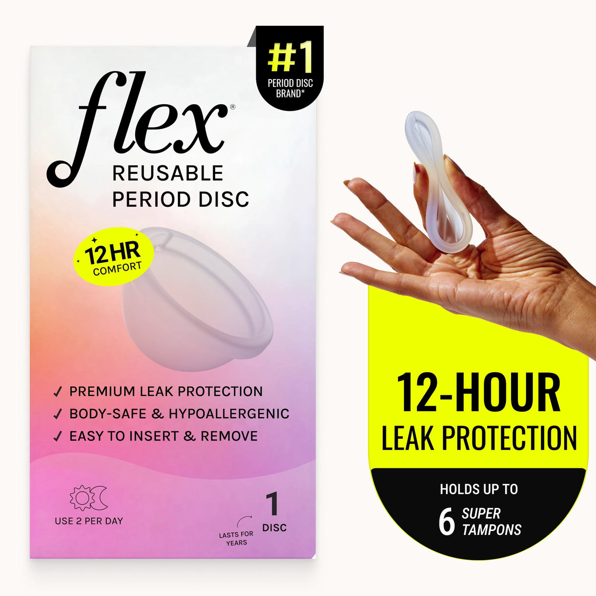 Flex Reusable Period Disc, Zero-Waste Menstrual Disc, Body-Safe & Non-Toxic, 12-Hour Wear, 1 Count