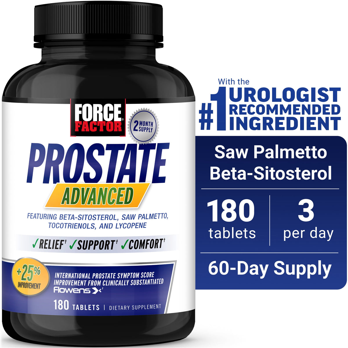 Force Factor Prostate Advanced, Prostate Supplement for Men with Saw Palmetto, Beta Sitosterol & Pygeum for Bladder & Urinary Relief, 180 Tablets