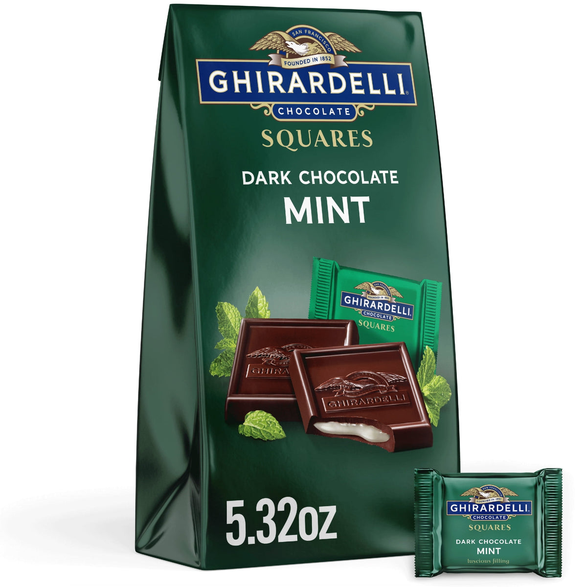 GHIRARDELLI Dark Chocolate Candy SQUARES with Mint Filling, 5.32 oz Bag