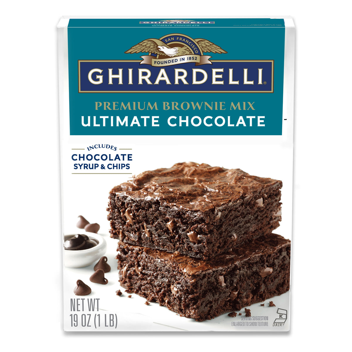 GHIRARDELLI Ultimate Chocolate Premium Brownie Mix, a Premium Baking Mix, Includes Chocolate Syrup and Chips, 19 oz Box