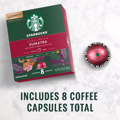 Starbucks by Nespresso Vertuo Line Pods Dark Roast Coffee Single-Origin Sumatra - 8ct: Arabica Beans, Herb Flavor