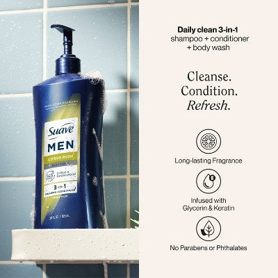 Suave Men Professionals 3-in-1 Shampoo + Conditioner + Body Wash, Citrus Rush