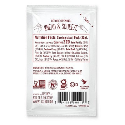Justin's Squeeze Pack Classic Almond Butter - 1.15oz: Certified Gluten-Free, No Added Sugar, Creamy