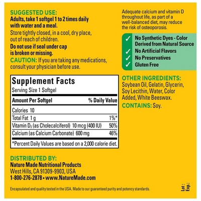 Nature Made Calcium 600mg Softgels with Vitamin D3 for Bone Support - 100ct