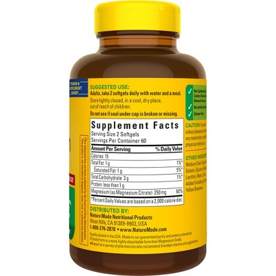 Nature Made Magnesium Citrate 250 mg per serving, Magnesium Supplement, Softgels, USP Verified - 120ct