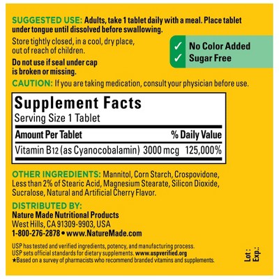 Nature Made Vitamin B12 Sublingual 3000 mcg Sugar Free Fast Dissolve Tablets, USP Verified - 40ct