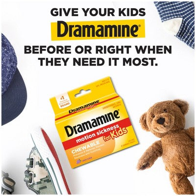 Dramamine Kids Chewable Motion Sickness Relief Tablets for Nausea, Dizziness & Vomiting - Grape - 8ct