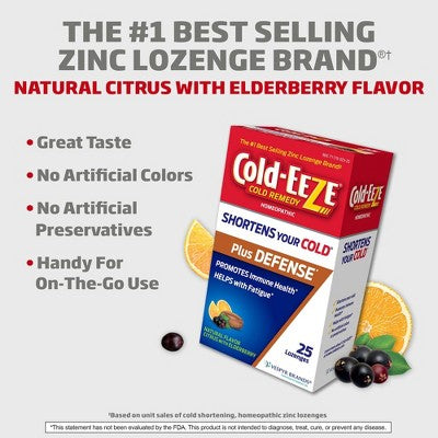 Cold-Eeze Plus Defense: Zinc Gluconate Elderberry & Citrus Flavor Lozenges for Cold Relief - 25ct