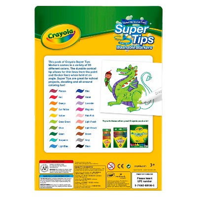Crayola 20ct Super Tips Washable Markers, Kids School Supplies, Art Classroom Must Haves for Teachers, Coloring Gift, Ages 3+