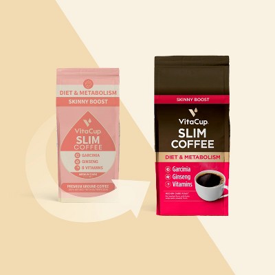 VitaCup Slim Ground Coffee (Diet & Metabolism) w/ Garcinia, Ginseng, & B Vitamins, Medium Roast - 10oz