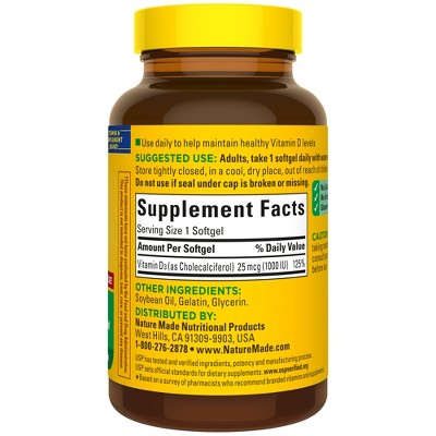 Nature Made Vitamin D3 1000 IU (25 mcg), Bone Health and Immune Support Softgels, USP Verified - 180ct