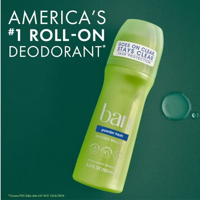 Ban Powder Fresh Invisible Women's Roll On Antiperspirant Deodorant - Powder Fresh - 3.5 fl oz​