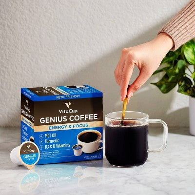 VitaCup Genius Energy & Focus Medium Roast Coffee - Single Serve Pods - 18ct: Vegan, Sugar-Free, Cinnamon