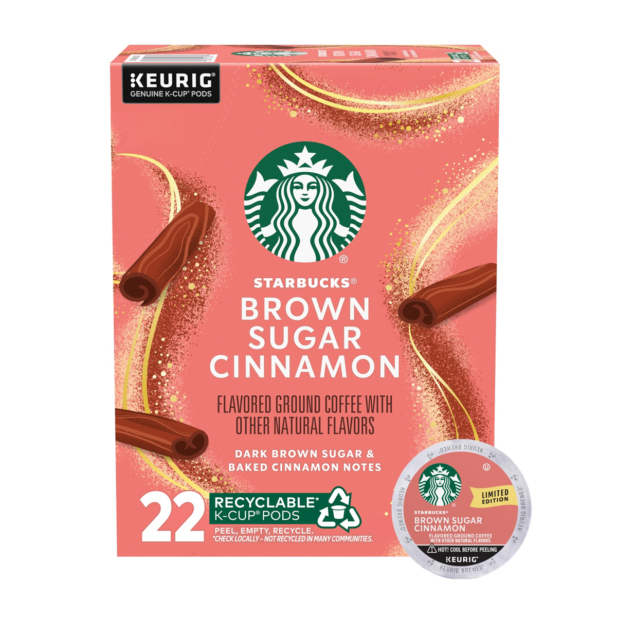 Starbucks Keurig Medium Dark Roast Brown Sugar Cinnamon Coffee Pods - 22 K-Cups