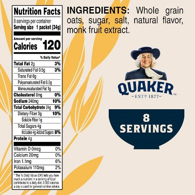 Quaker Low Sugar Instant Oatmeal Maple Brown Sugar - 9.5oz/8ct: No Artificial Preservatives, No Artificial Flavors, Whole Grain