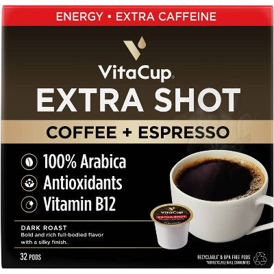 VitaCup Extra Shot Coffee Pods w/Espresso shot for High Caffeine - 32ct: Compatible With Keurig, Arabica Beans, Dark Roast