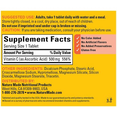 Nature Made Vitamin C 500mg Immune Support Supplement Tablets - 250ct