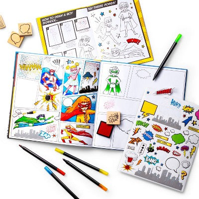 Create-Your-Own Superhero Comic Books Kit - Mondo Llama™: DIY Art Kit for Designing Superhero Comics, Includes Markers & Stickers