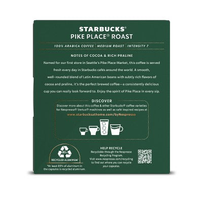 Starbucks by Nespresso Vertuo Capsules Pikes Place Medium Roast Coffee Pods - 8ct: Arabica Beans, Chocolate & Nut Flavors