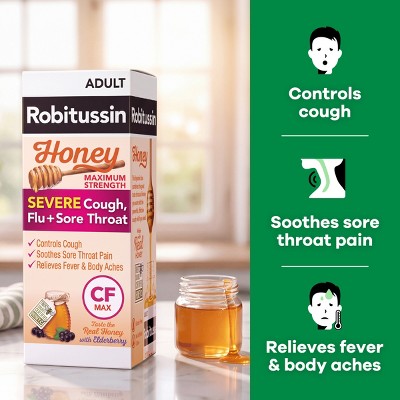 Robitussin Daytime Severe Cough, Flu and Sore Throat Syrup - Honey - 8 fl oz: Contains Acetaminophen, Dextromethorphan, 650mg Strength