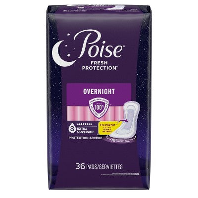 Poise Incontinence Bladder Control & Postpartum Pads for Women - Extra Coverage - Overnight Absorbency (8 Drop)