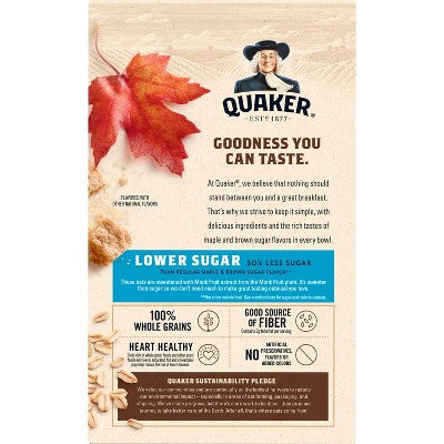 Quaker Low Sugar Instant Oatmeal Maple Brown Sugar - 9.5oz/8ct: No Artificial Preservatives, No Artificial Flavors, Whole Grain