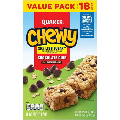 Quaker Chewy Reduced Sugar Chocolate Chip Granola Bars - 15.2oz/18ct: No Artificial Preservatives, No Artificial Flavors