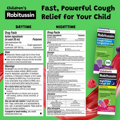 Children's Robitussin Day/Night Cough & Chest Congestion DM: 2-Pack Kids Liquid Medicine, 4 fl oz Each, Dextromethorphan