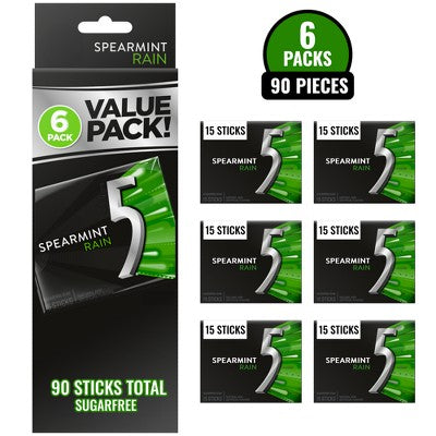 5 Gum Sugar-Free Spearmint Rain Chewing Gum - 15ct/6pk