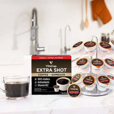 VitaCup Extra Shot Coffee Pods w/Espresso shot for High Caffeine - 32ct: Compatible With Keurig, Arabica Beans, Dark Roast