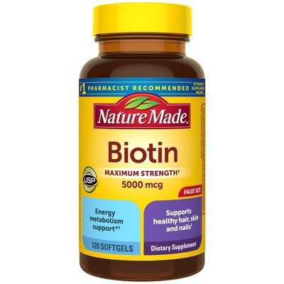 Nature Made Maximum Strength Biotin 5000 mcg Helps Support Healthy Hair, Skin & Nails Softgels, USP Verified - 120ct