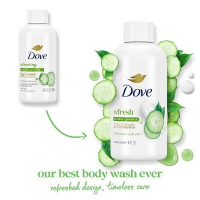 Dove Refresh 24-Hour Lotion-Soft Skin Mini Body Wash - Cucumber and Green Tea - Travel Size - 3 fl oz