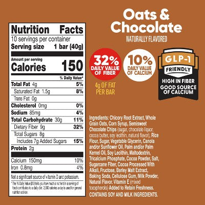 Fiber One Oats & Chocolate Chewy Bars - 10ct/14.1oz: No Artificial Flavors, Low Sodium, Whole Grain