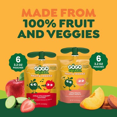 GoGo SqueeZ Fruit & VeggieZ No Sugar Added Applesauce and Puree Pedal Peach and Speedy Strawberry Variety Pack - 3.2oz/12ct: Certified Gluten-Free