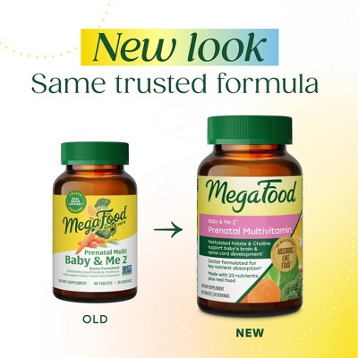 MegaFood Baby & Me 2 Prenatal Multi With Iron, Choline & Methylated Folate Vegetarian Tablets - 60ct