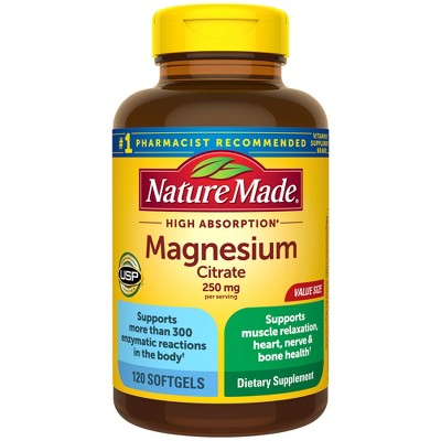Nature Made Magnesium Citrate 250 mg per serving, Magnesium Supplement, Softgels, USP Verified - 120ct