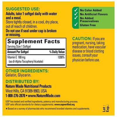 Nature Made Vitamin E 180 mg (400 IU) dl-Alpha for Antioxidant Support, Softgels, USP Verified - 100ct