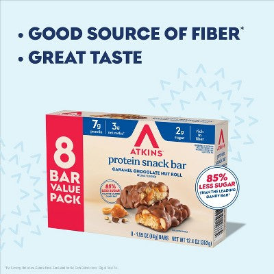 Atkins Caramel Chocolate Nut Roll Whey Protein Snack Bar Value Pack - 7g Protein - 8ct